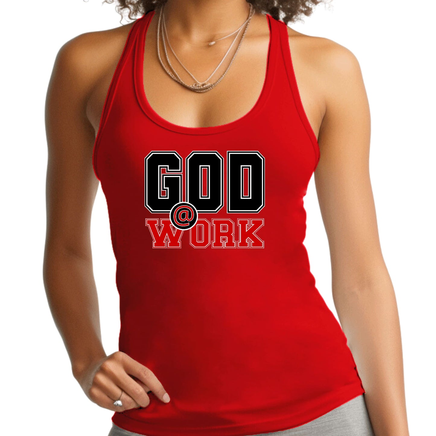 Womens Fitness Tank Top Graphic T-shirt - God @ Work Black and Red