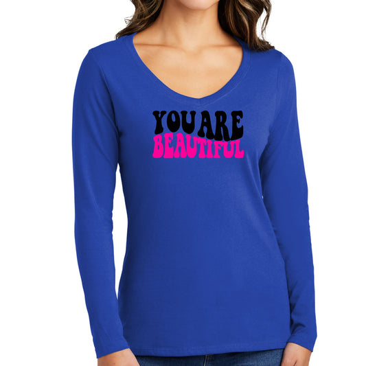 Womens Long Sleeve V-neck Graphic T-shirt - you are Beautiful Print